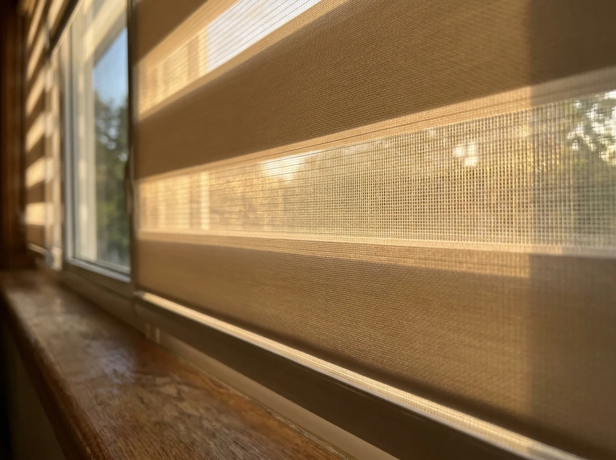 Day-night blind seen close up along a Rivonia windowsill, late sun coming through the sheer bands and stopping dead at the solid ones