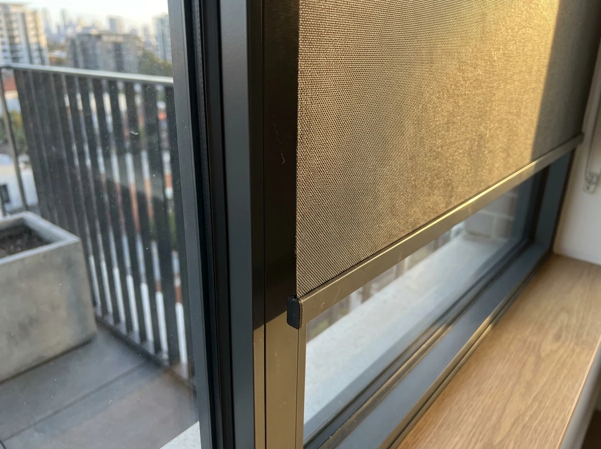 Close-up of an aluminium venetian blind's fine slats tilted half-open in a Sandown apartment, golden late-afternoon light striping the wall