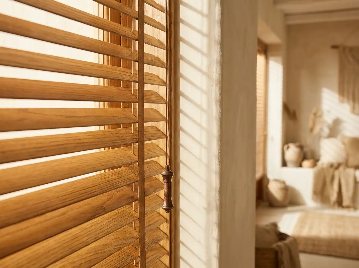 Close-up of timber venetian blind slats tilted open, warm afternoon light striping the wall behind