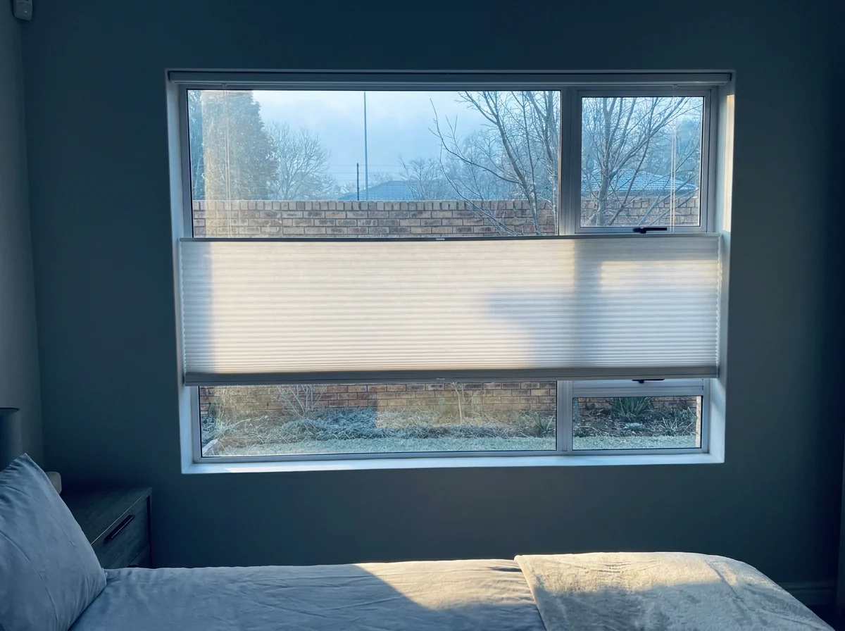 Cellular pleated blind pulled across the middle of a Rivonia bedroom window on a July morning, frost still lying on the lawn against the face-brick wall outside