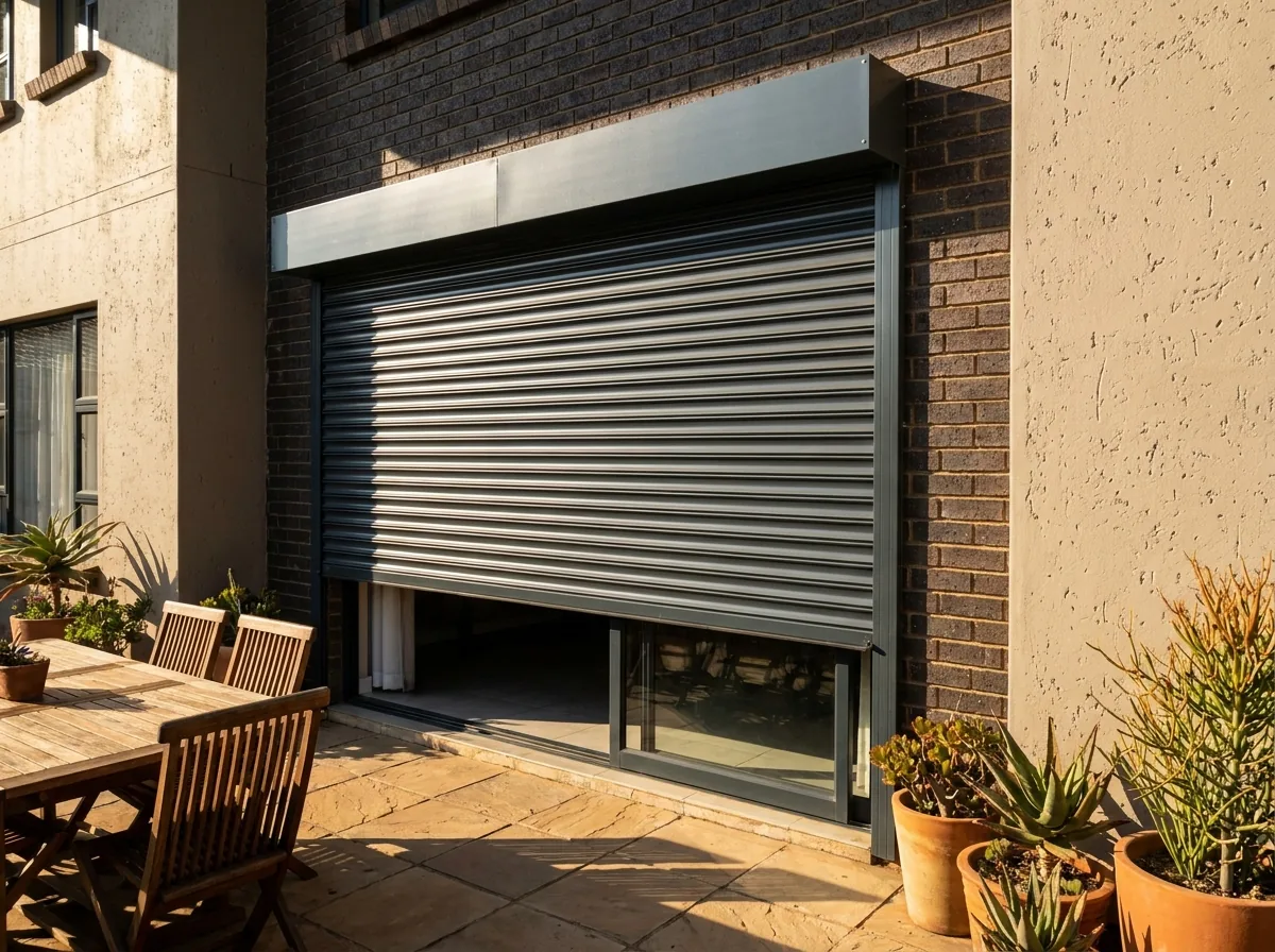 External aluminium roller shutter part-lowered on the outside of a west-facing Rivonia patio door, running in side guides down from its headbox