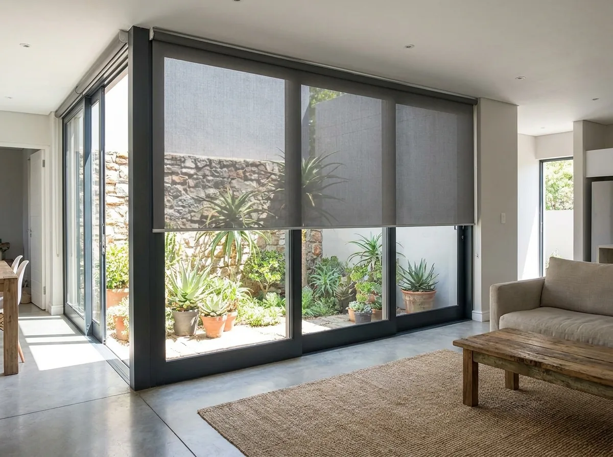 Three sunscreen roller blinds lowered over a Rivonia living-room slider, the stone courtyard wall and the potted aloes still readable through the open weave