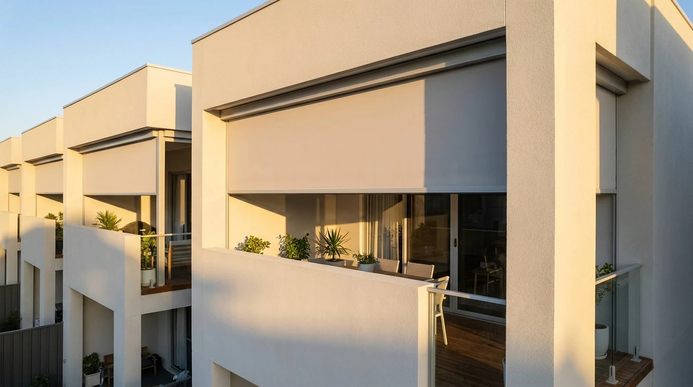 Low afternoon sun raking across the pale rendered facade of a row of west-facing cluster homes, closer angle on the balconies with blinds lowered against the glare