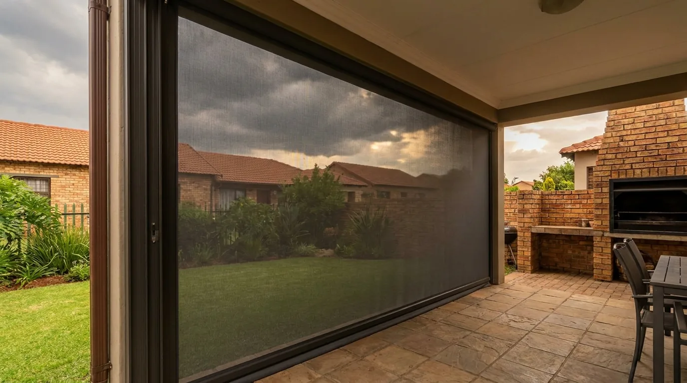 Zip screen dropped across the open side of a Rivonia stoep, the braai still in use while a Highveld thunderstorm builds over the neighbours' roofs