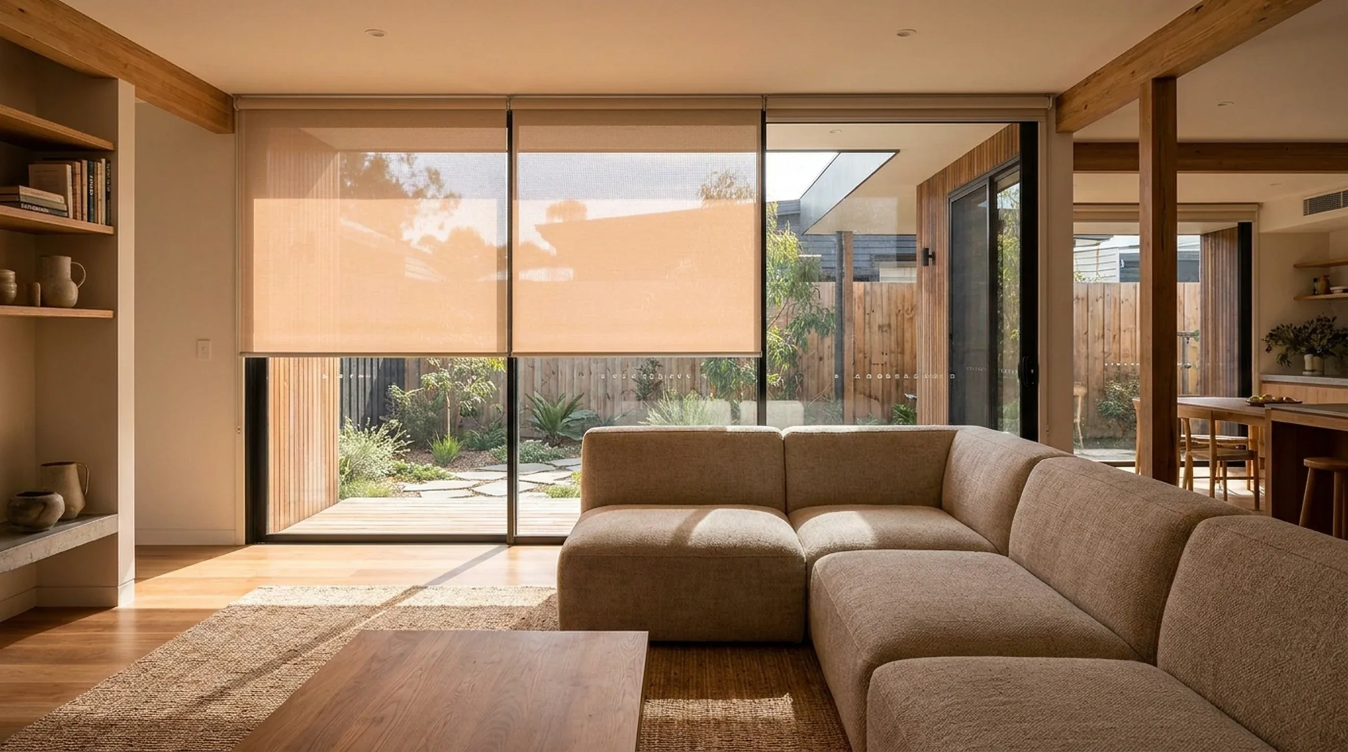 Corner view of a Morningside cluster home living room, wide sunscreen roller blinds partially lowered over sliding doors onto a landscaped courtyard