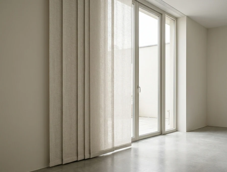 Panel blind with wide fabric panels stacked neatly to one side of a tall glass door, clean vertical lines against a plain wall