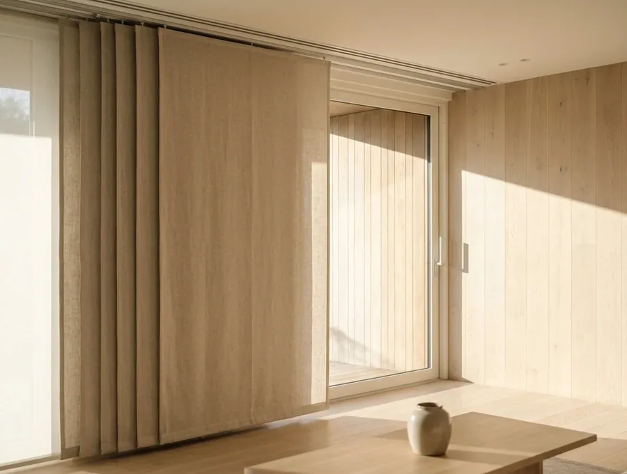 Panel blind with wide fabric panels sliding on a track across a large glass door