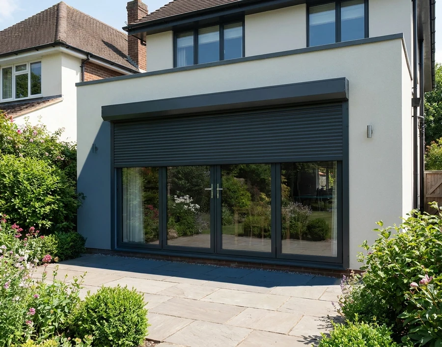 Exterior view from the garden of a house with rigid aluminium roller shutters partly lowered outside a set of patio doors
