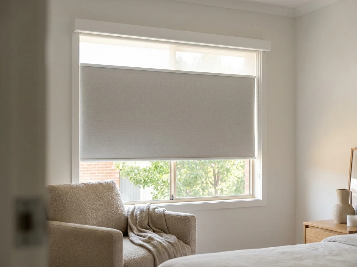 Grey roller blind two-thirds down over a Rivonia bedroom window, the top vent left clear and the neighbour's tree still showing below the bottom bar