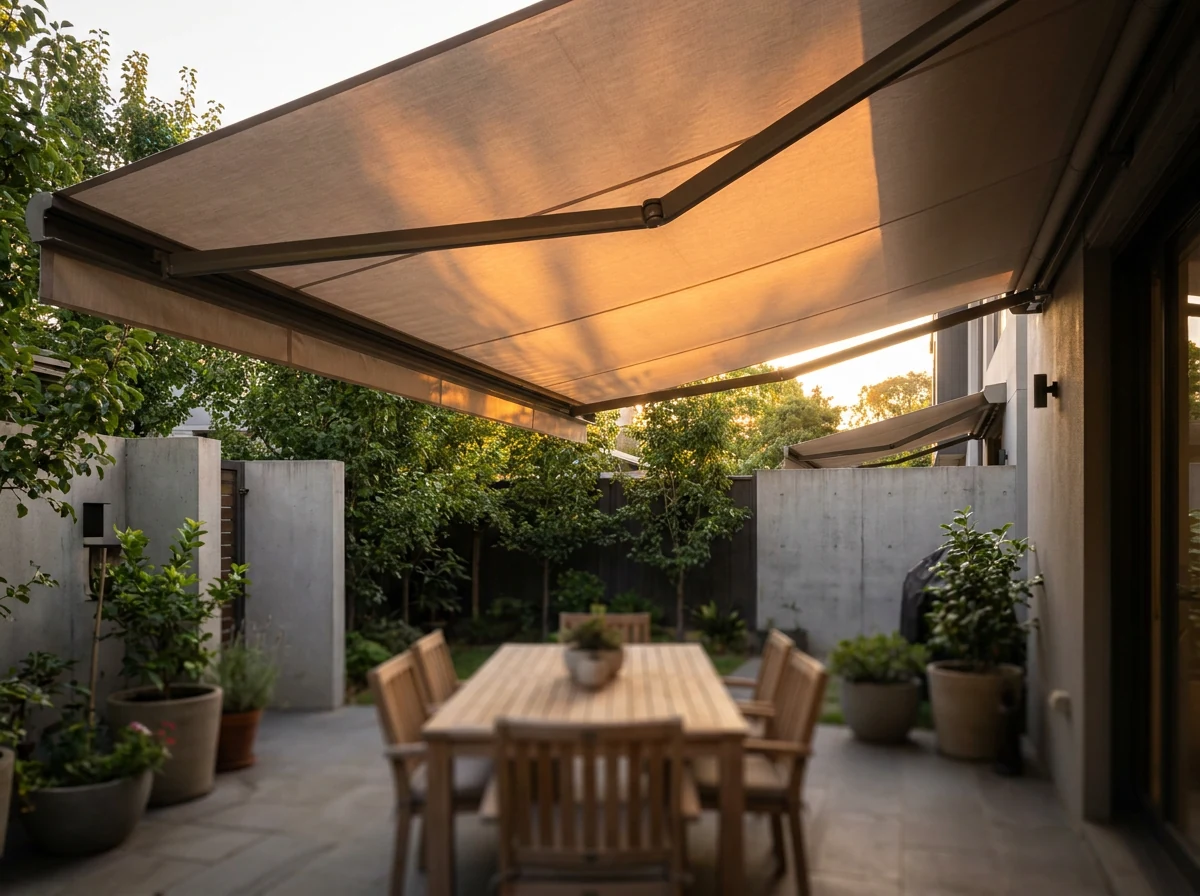 Folding-arm awning bolted above the back doors of a Rivonia townhouse, its canopy carried out over the courtyard dining table at sunset