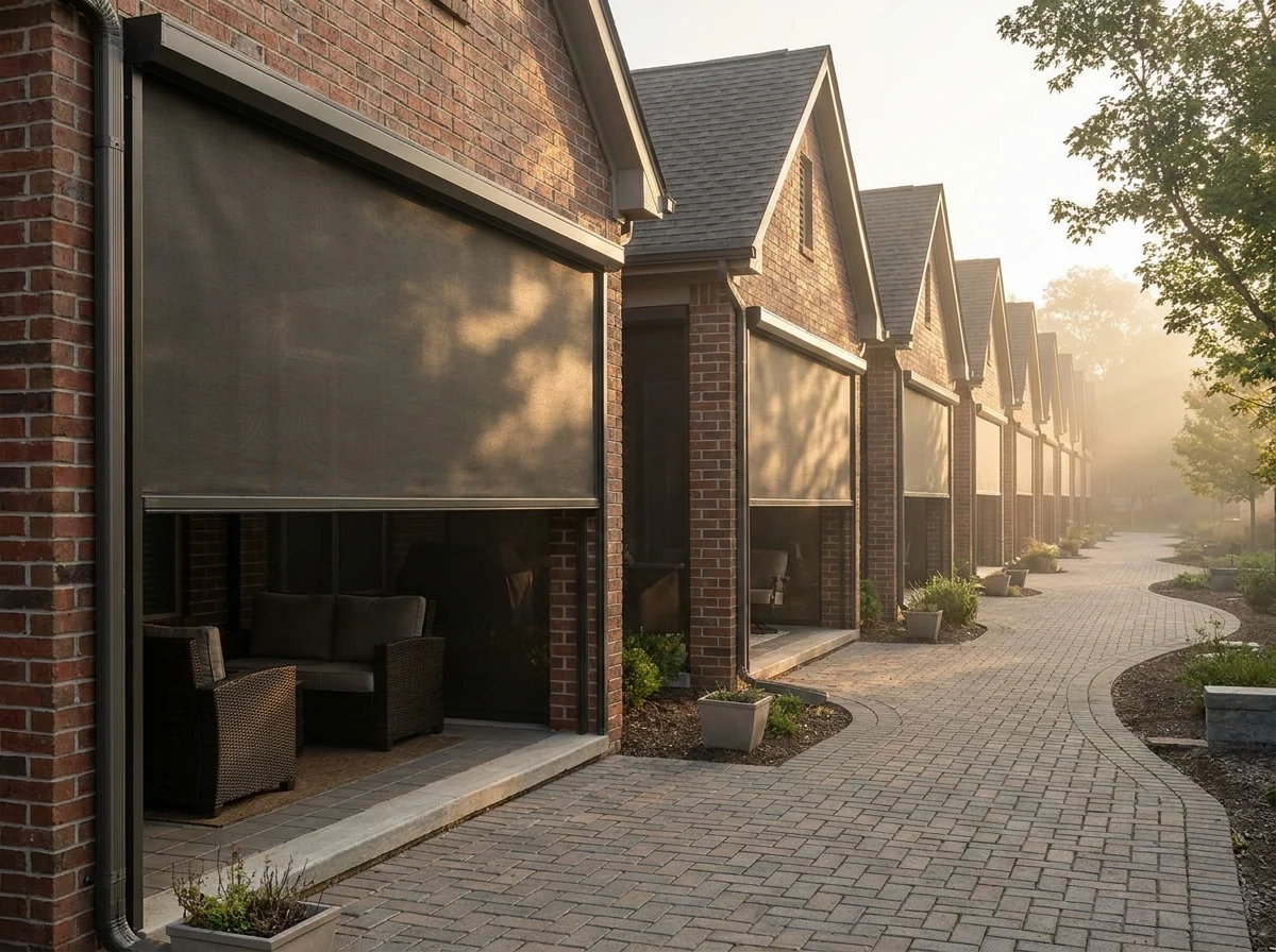 A repeating row of Woodmead townhouse patios, each fitted with matching outdoor mesh zip screens along a complex walkway