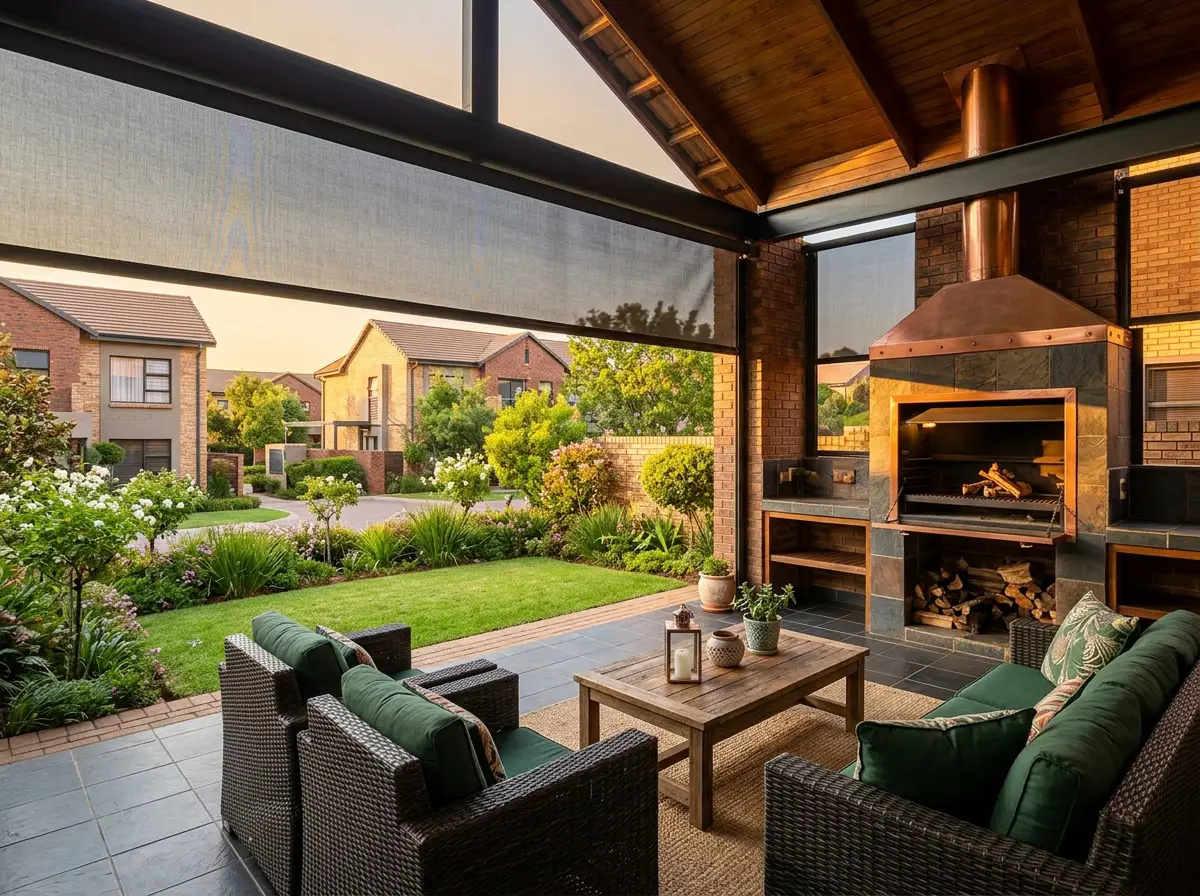 Covered patio at a Rivonia townhouse with outdoor mesh zip screens lowered along the open side, cluster homes visible beyond the garden