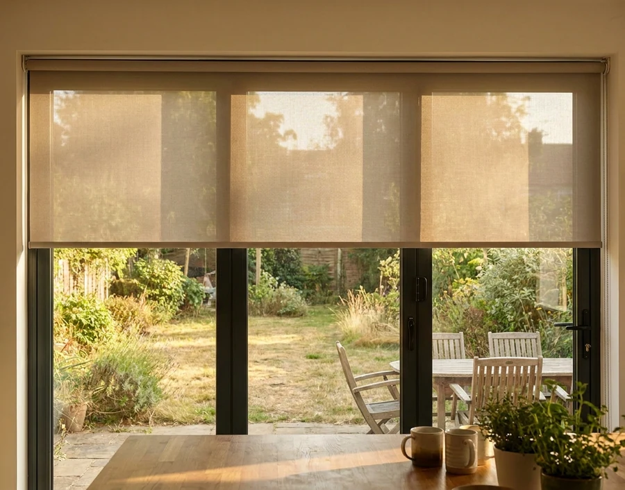 Sunscreen roller blind in fine mesh lowered over a family kitchen's sliding doors in Gallo Manor, the well-used back garden still visible through the weave