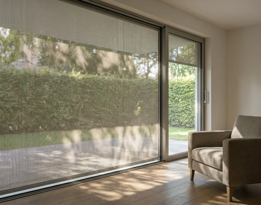 Sunscreen roller blind in fine mesh fabric lowered over a wide lounge sliding door, a garden hedge visible through the dappled weave