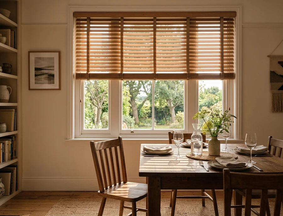 Timber venetian blind with wide wooden slats and tape ladders above a dining room window, warm afternoon light striping the table below