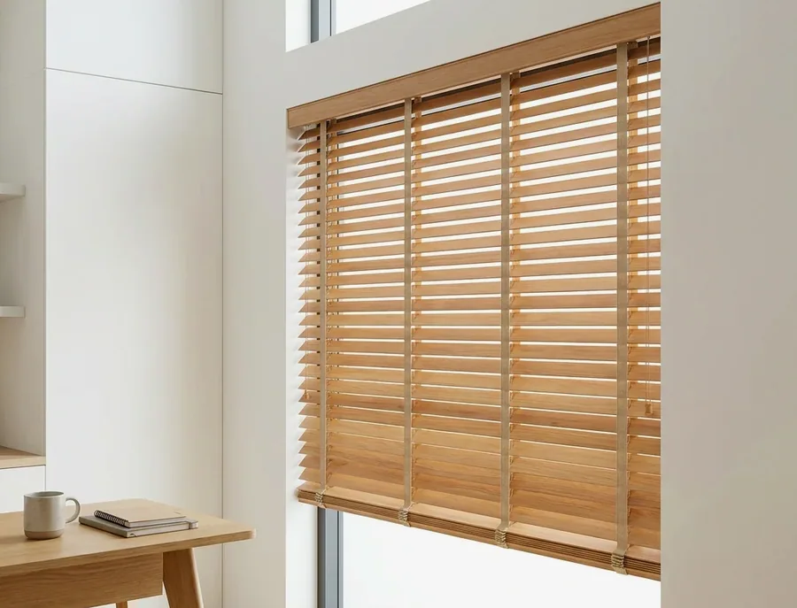 Timber venetian blind with wide wooden slats and tape ladders across a study window