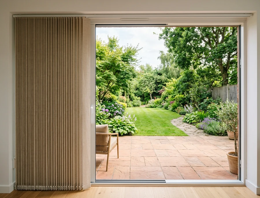 Vertical blind with hanging fabric vanes drawn fully aside from a wide glass sliding door, a tiled patio and garden lawn beyond