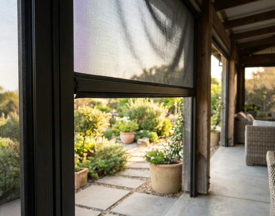 Zip screen of taut outdoor mesh partially raised in its side channel on a covered stoep, garden visible through the open gap