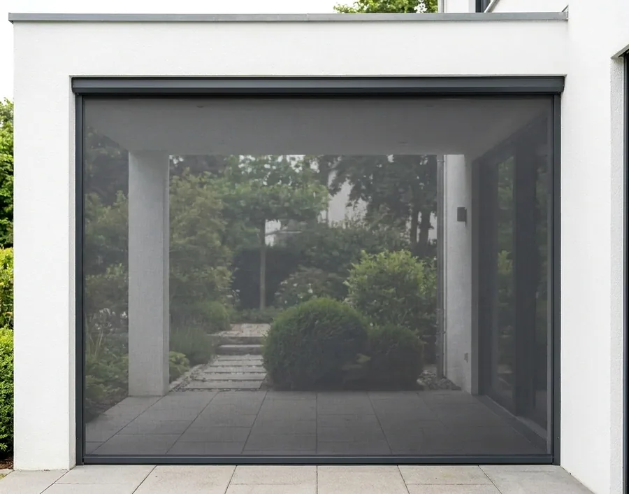 Zip screen of taut outdoor mesh running in side channels across a patio opening, the garden visible through the weave